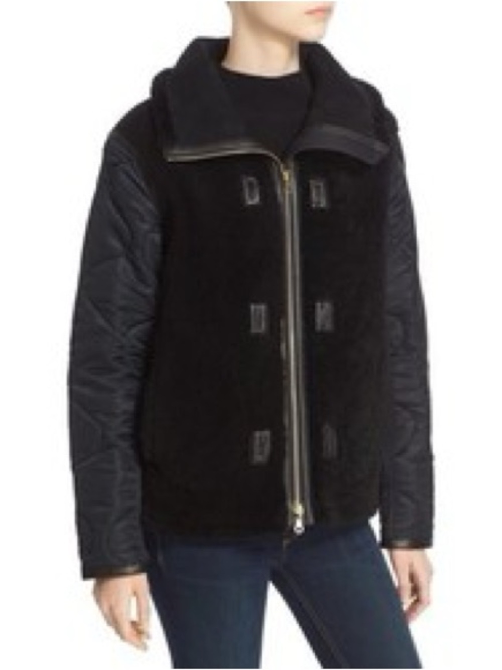 rag & bone Elson Leather-Trim Genuine Shearling Liner Jacket in black, size XXS